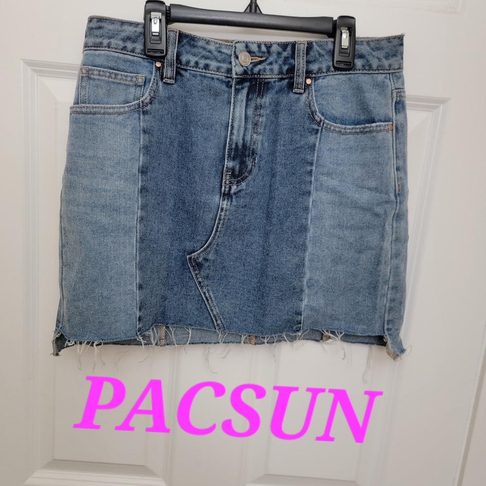 PACSUN 2 tone denim mini skirt with raw hem
